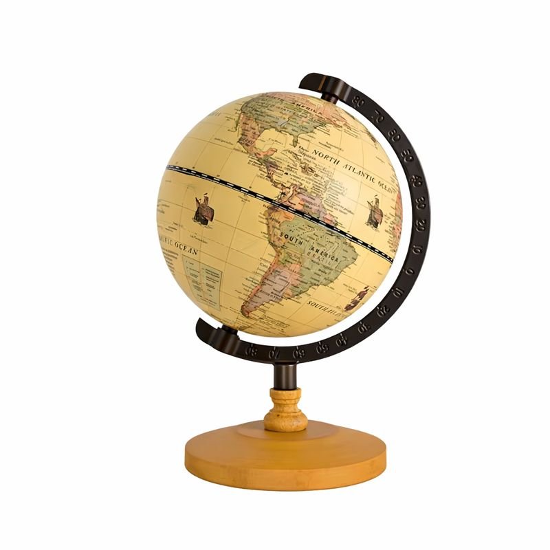 Globe terrestre vintage décoratif sur pied en bois, carte du monde style ancien, objet déco design et éducatif