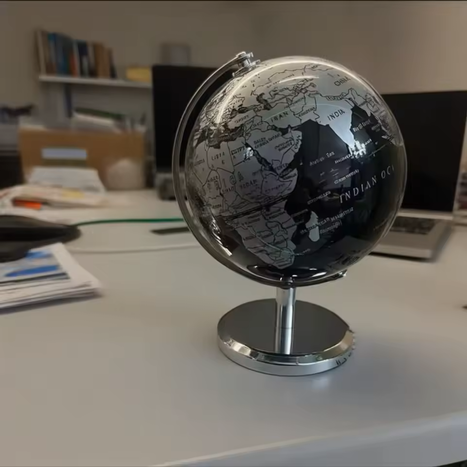 Globe terrestre décoratif design gris métal sur pied chromé, globe moderne et élégant pour décoration intérieure