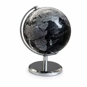 Globe terrestre décoratif design gris métal sur pied chromé, globe moderne et élégant pour décoration intérieure