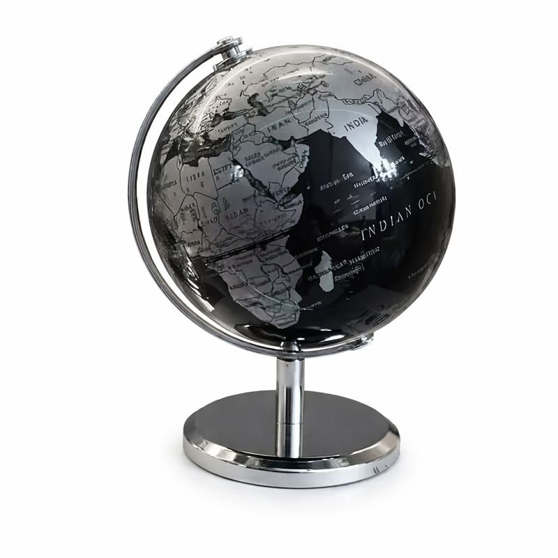 Globe terrestre décoratif design gris métal sur pied chromé, globe moderne et élégant pour décoration intérieure