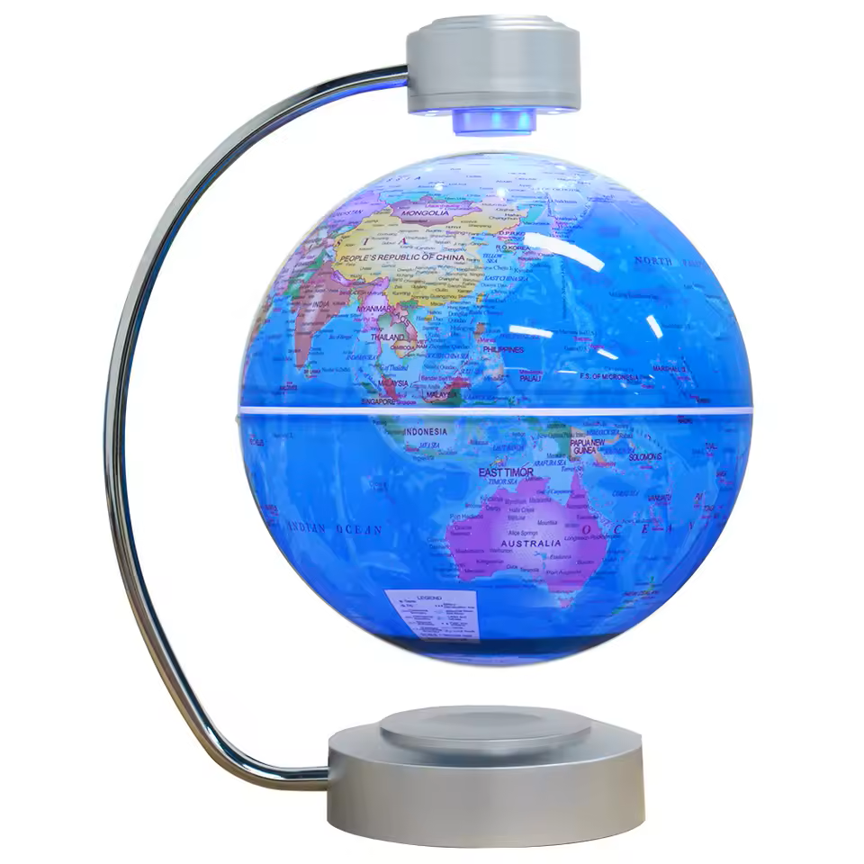 Globe terrestre lumineux design bleu avec support moderne pour décoration intérieure